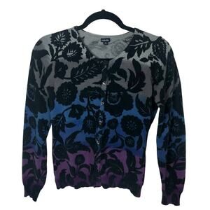 Rafaella Gradient Dyed Ombre Black Floral Long Sleeve Cardigan Cotton Medium
